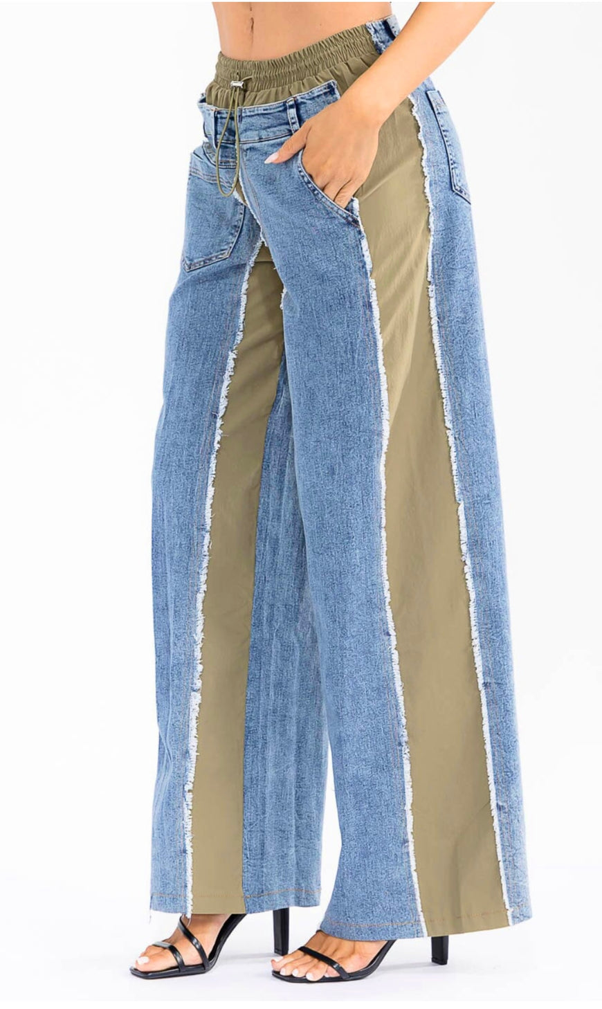 Boho Elastic Waist Pocket Denim Contrast Wide-Leg Denim Pants