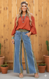 Boho Elastic Waist Pocket Denim Contrast Wide-Leg Denim & Olive Pants