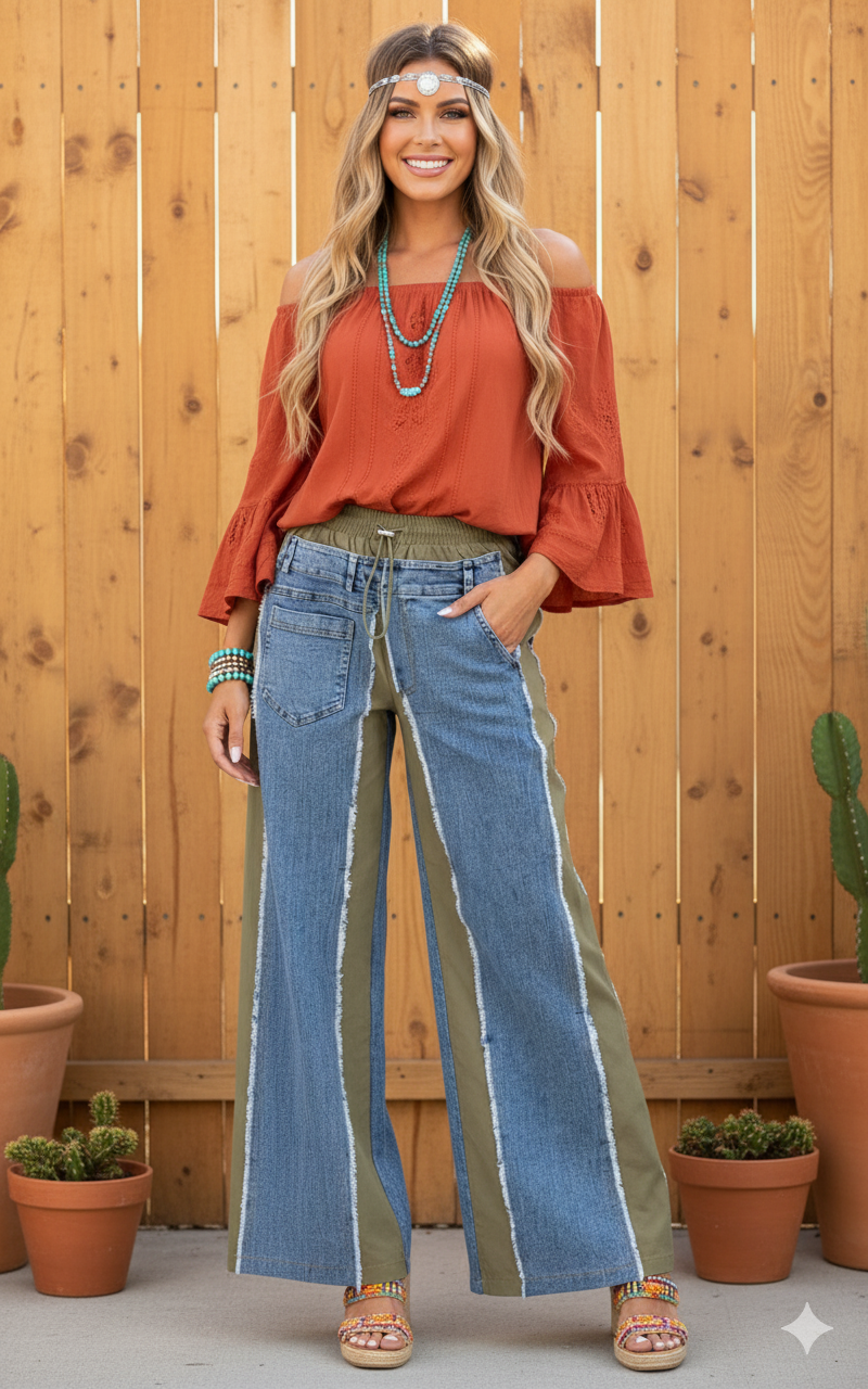 Boho Elastic Waist Pocket Denim Contrast Wide-Leg Denim Pants