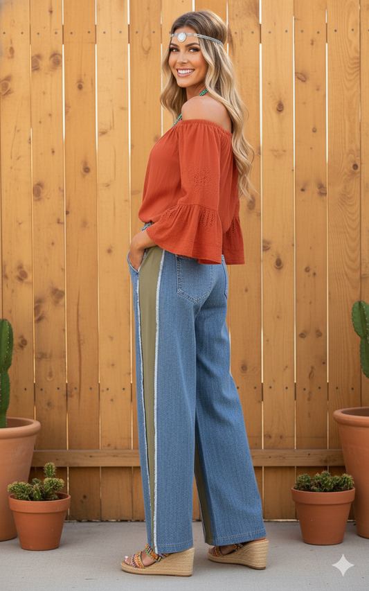 Boho Elastic Waist Pocket Denim Contrast Wide-Leg Denim Pants