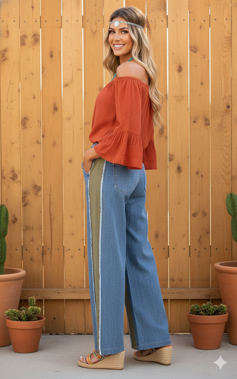 Boho Elastic Waist Pocket Denim Contrast Wide-Leg Denim Pants