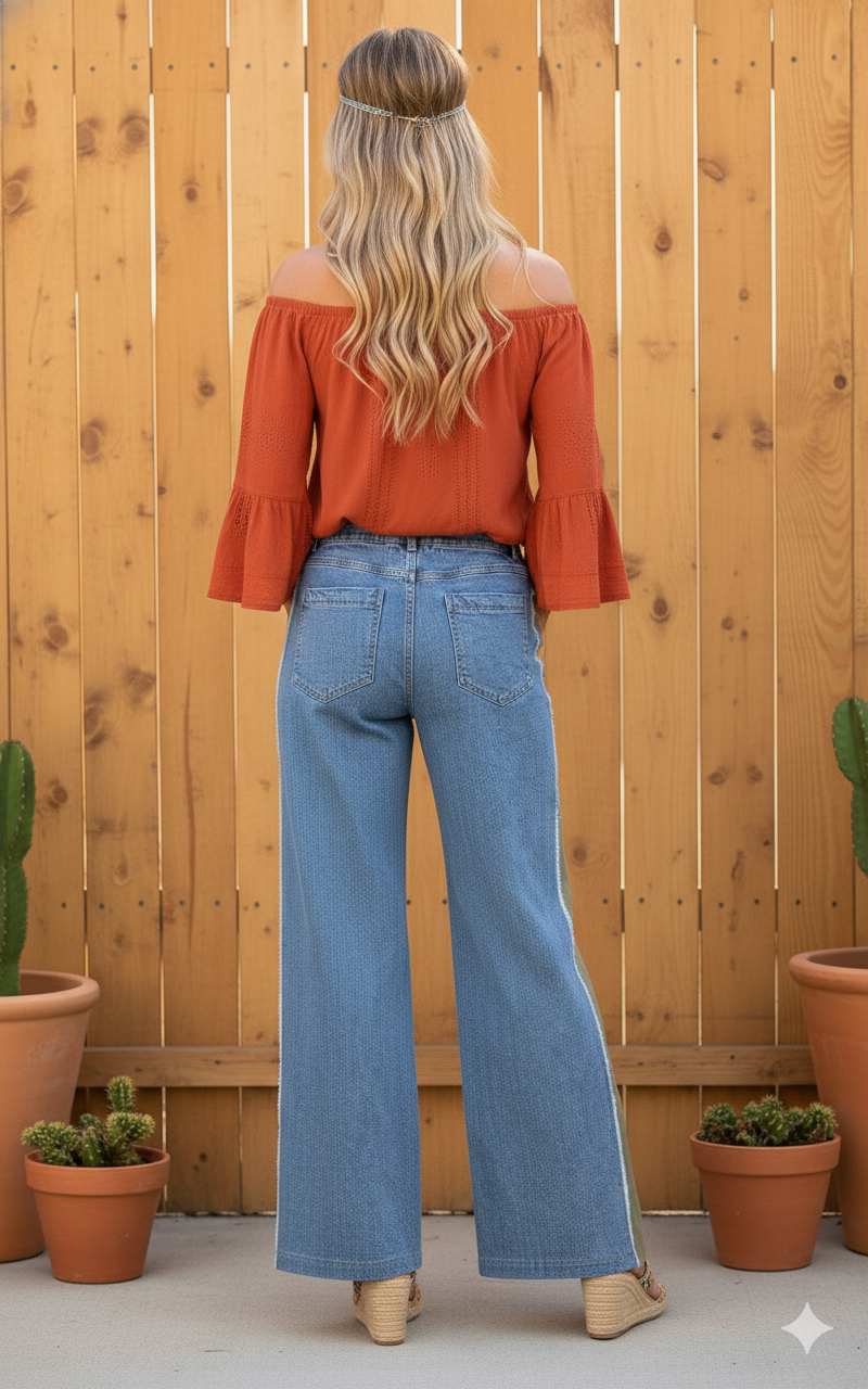 Boho Elastic Waist Pocket Denim Contrast Wide-Leg Denim Pants
