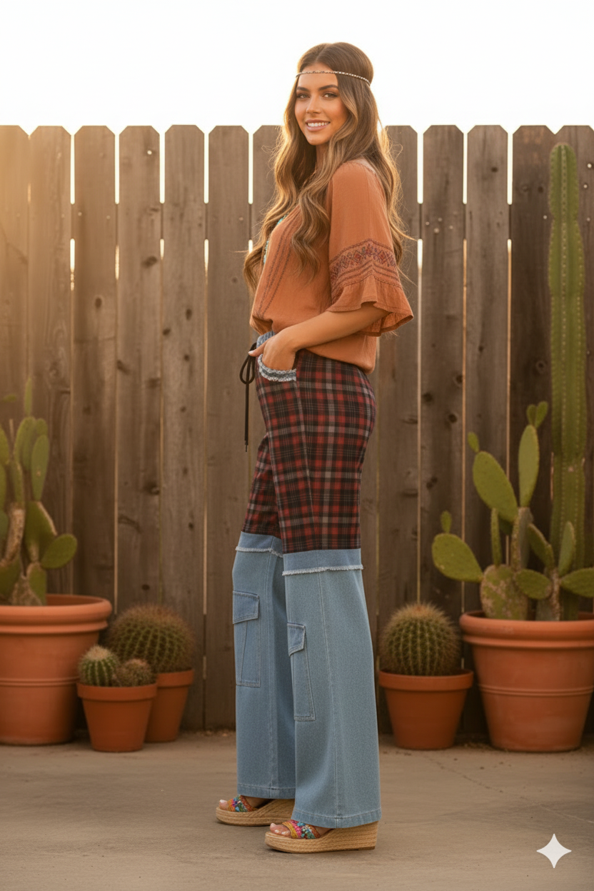 Boho Elastic Waist Pocket Plaid Contrast Denim Wide-Leg Pants
