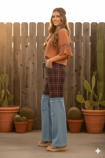 Boho Elastic Waist Pocket Plaid Contrast Denim Wide-Leg Pants