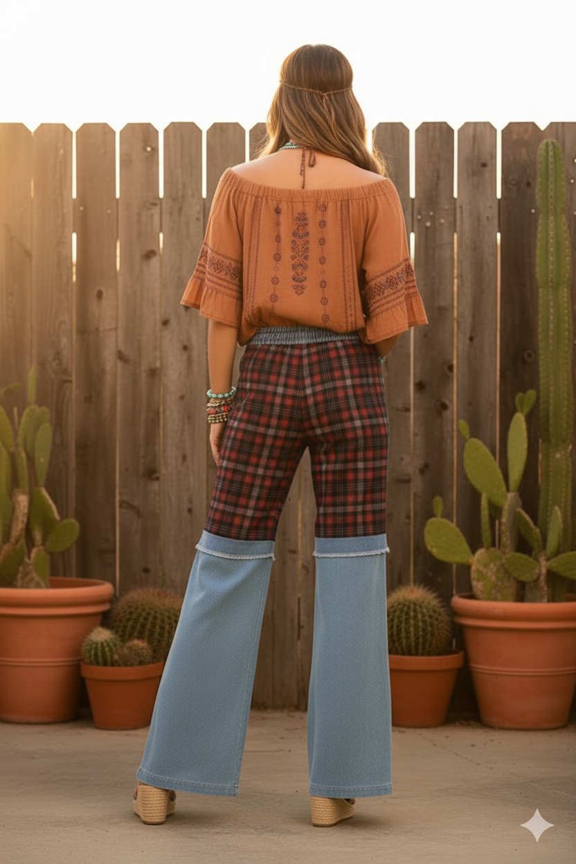Boho Elastic Waist Pocket Plaid Contrast Denim Wide-Leg Pants