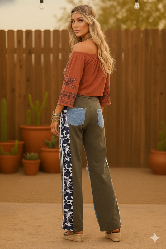Boho Elastic Waist Pockets Wide-Leg Camo Print Denim Pants