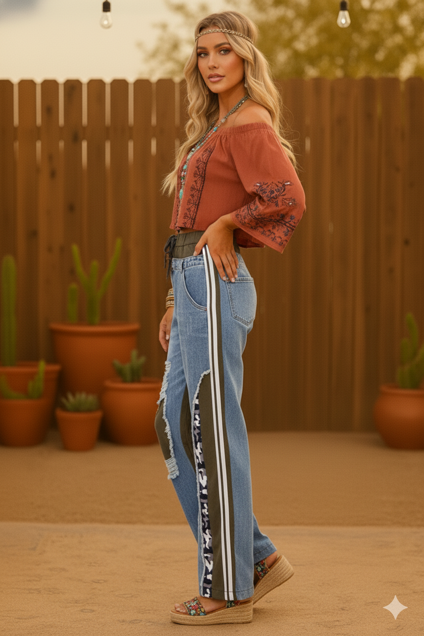 Boho Elastic Waist Pockets Wide-Leg Camo Print Denim Pants