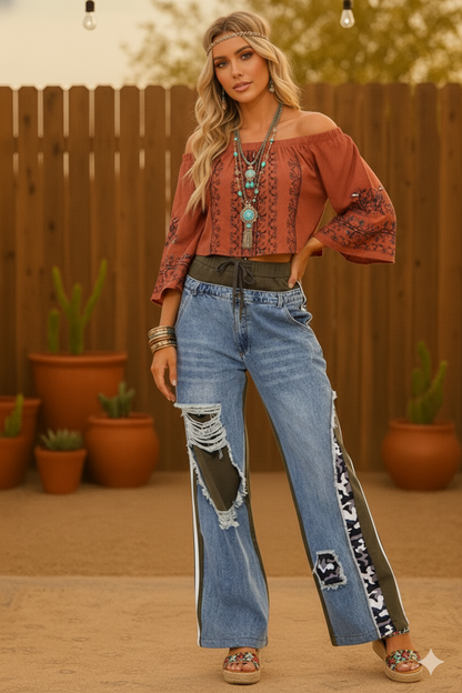 Boho Elastic Waist Pockets Wide-Leg Camo Print Denim Pants