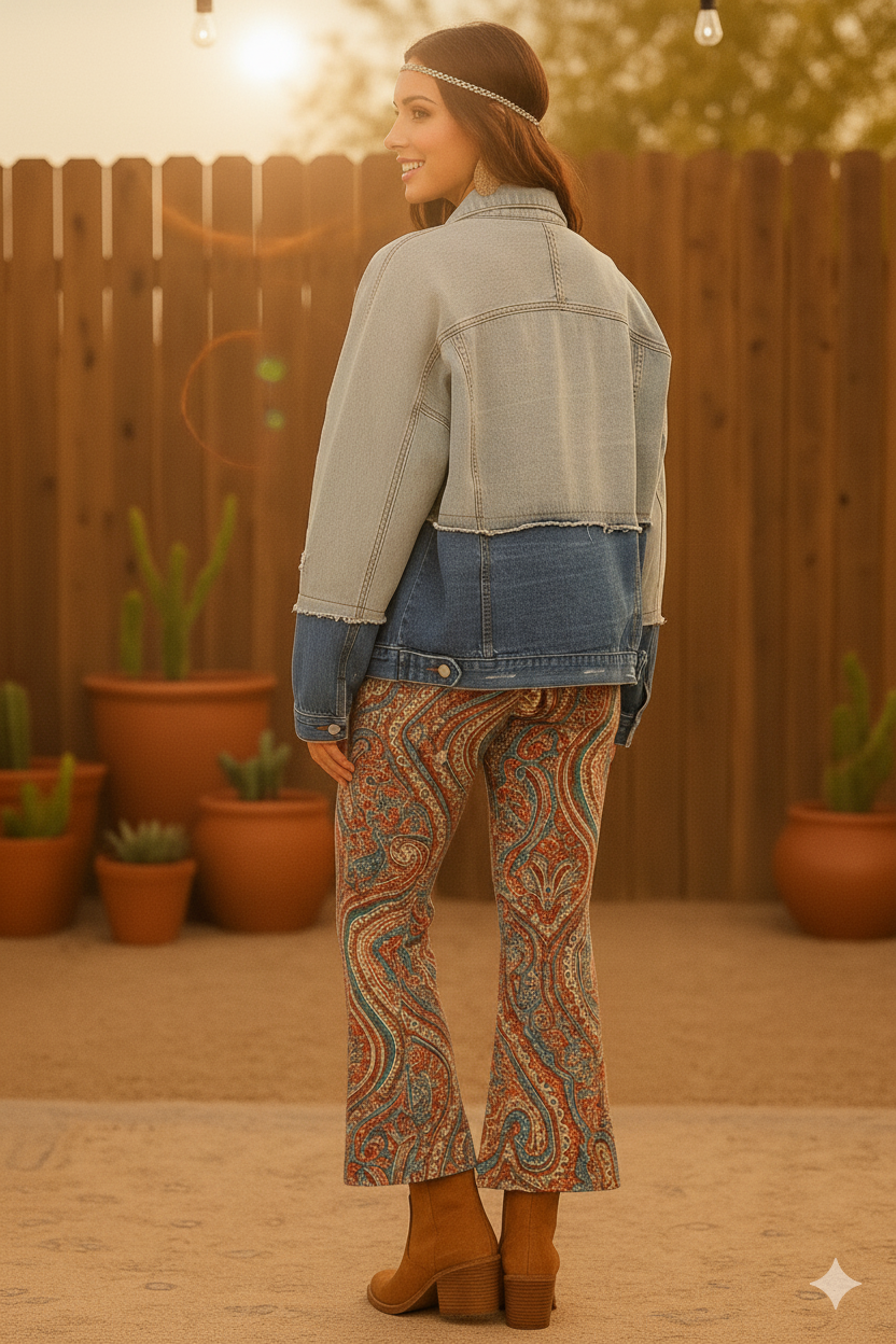 Split Decision Button Closure Pockets Two-Tone Denim Jacket