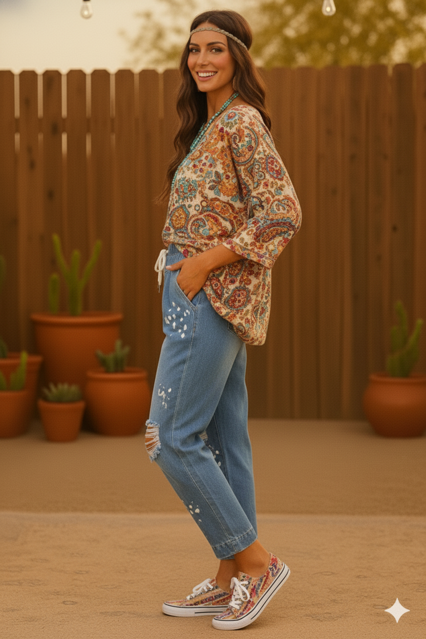 “Free People” Inspired Distressed Stretch Fit Balloon Paint Splash Denim Tapper Jean