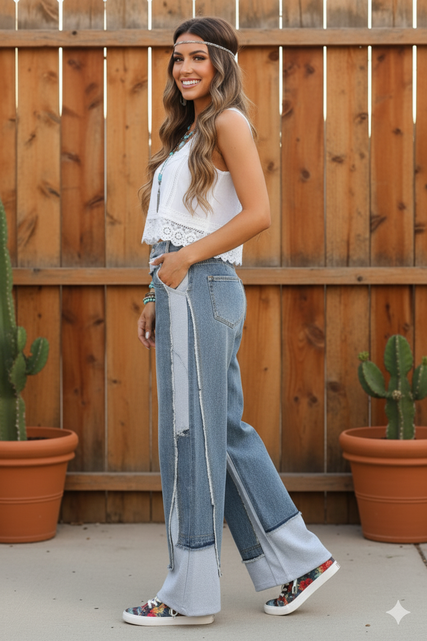 Boho Elastic Button Closure Pockets Denim Contrast Wide-Leg Denim Pants