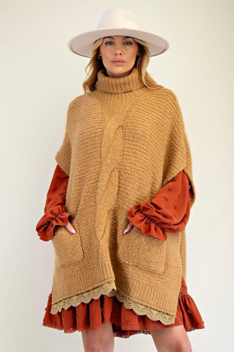 Stuck On You Turtle Neck Lace Bottom Knit Poncho