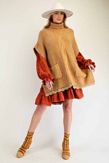 Stuck On You Turtle Neck Lace Bottom Knit Poncho
