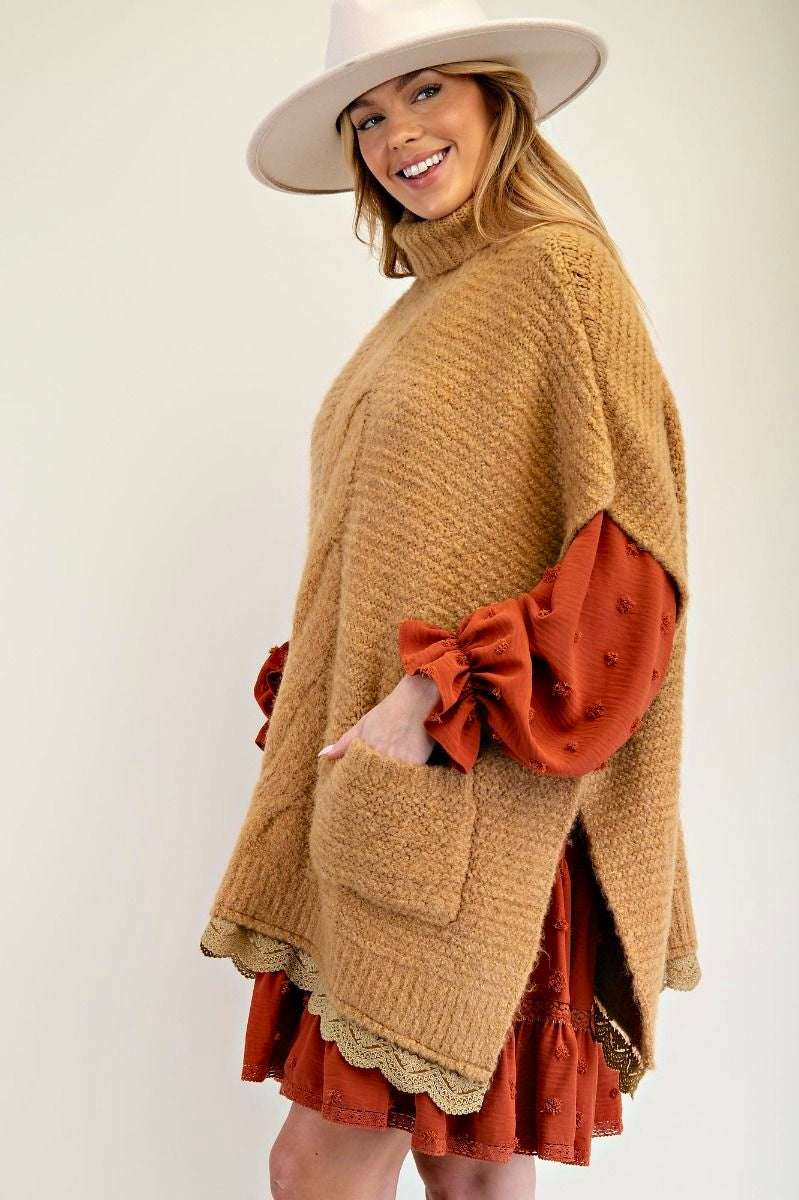 Stuck On You Turtle Neck Lace Bottom Knit Poncho