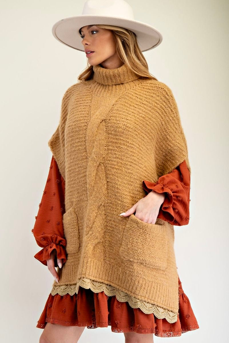 Stuck On You Turtle Neck Lace Bottom Knit Poncho