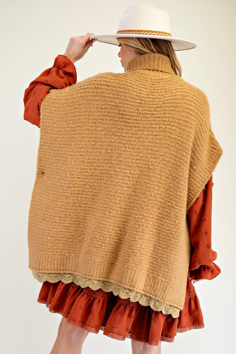 Stuck On You Turtle Neck Lace Bottom Knit Poncho