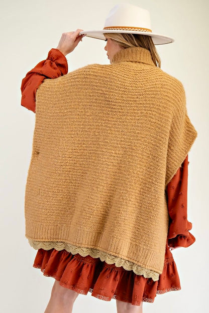 Stuck On You Turtle Neck Lace Bottom Knit Poncho