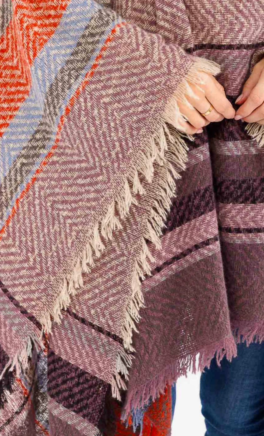 Boho Long Sleeve V-Neck Hooded Plaid Poncho Pullover