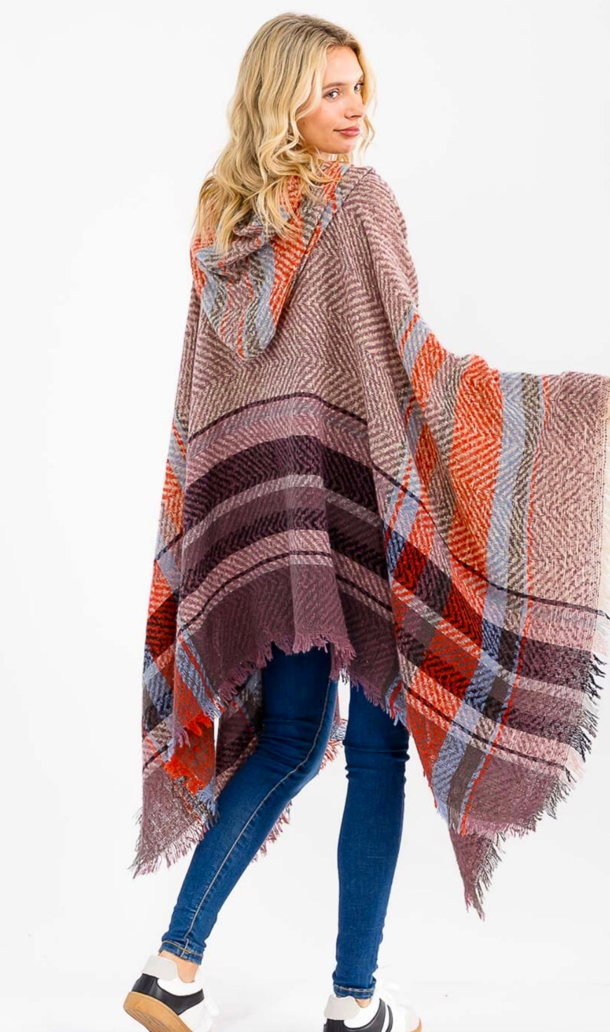 Boho Long Sleeve V-Neck Hooded Plaid Poncho Pullover