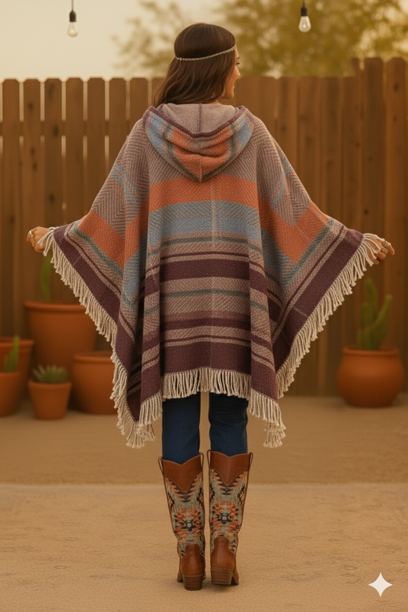 Boho Long Sleeve V-Neck Hooded Plaid Poncho Pullover