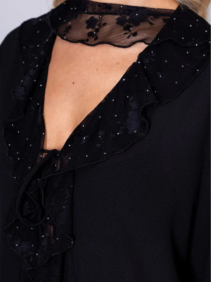 Black Floral Lace Studded 2-Piece Set: Midnight Romance Long Sleeve Blouse & Elastic Waist Pant