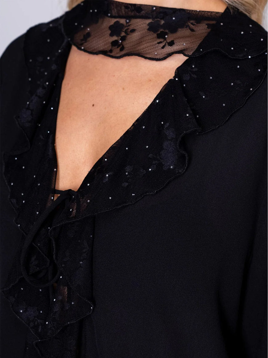 Black Floral Lace Studded 2-Piece Set: Midnight Romance Long Sleeve Blouse & Elastic Waist Pant