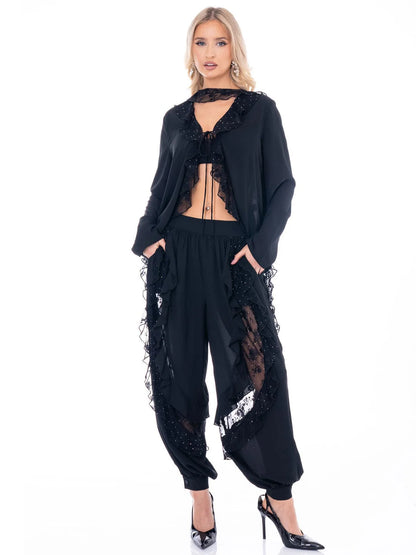 Black Floral Lace Studded 2-Piece Set: Midnight Romance Long Sleeve Blouse & Elastic Waist Pant