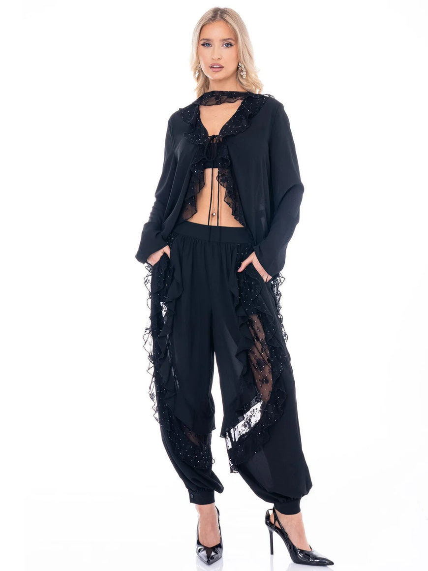 Black Floral Lace Studded 2-Piece Set: Midnight Romance Long Sleeve Blouse & Elastic Waist Pant