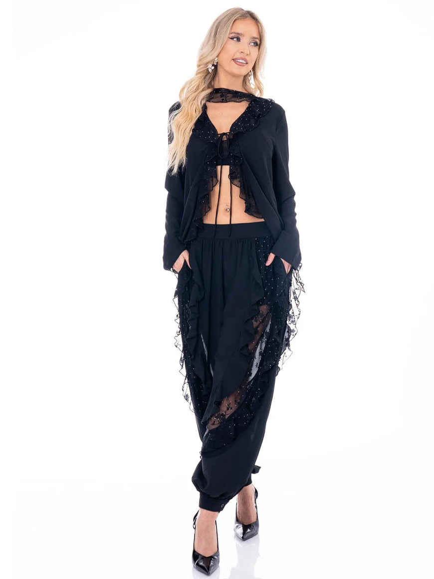 Black Floral Lace Studded 2-Piece Set: Midnight Romance Long Sleeve Blouse & Elastic Waist Pant