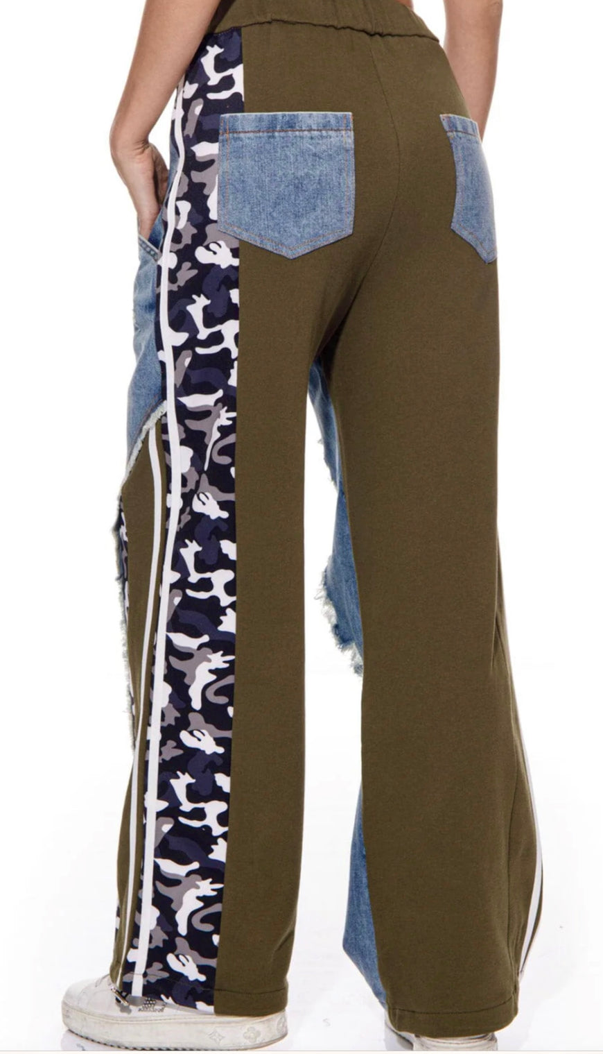 Boho Elastic Waist Pockets Wide-Leg Camo Print Denim Pants
