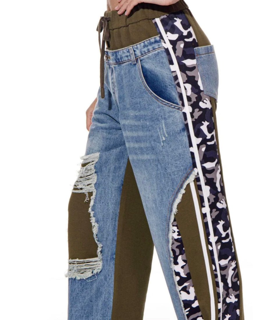 Boho Elastic Waist Pockets Wide-Leg Camo Print Denim Pants