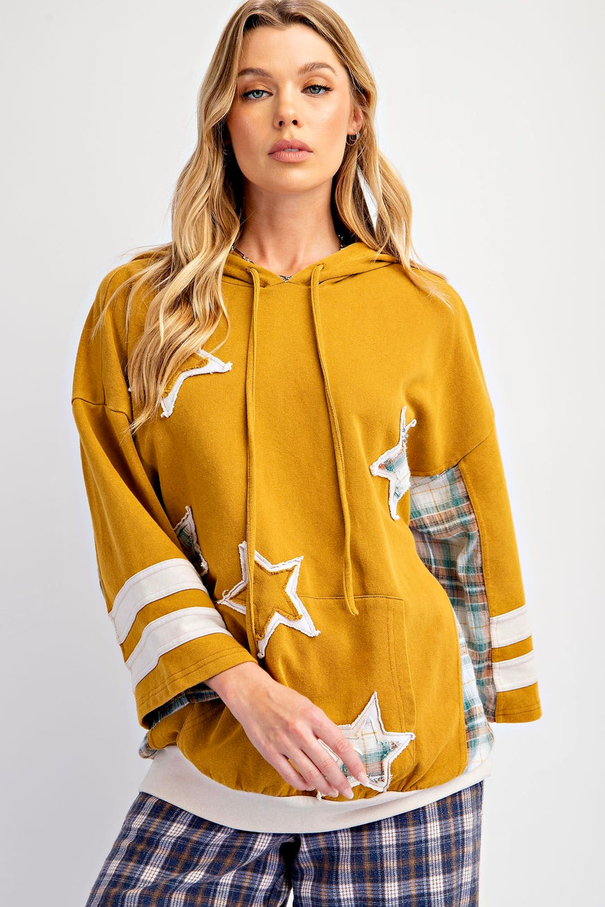 Reach For the Stars Mustard Patched Hoodie Pullover