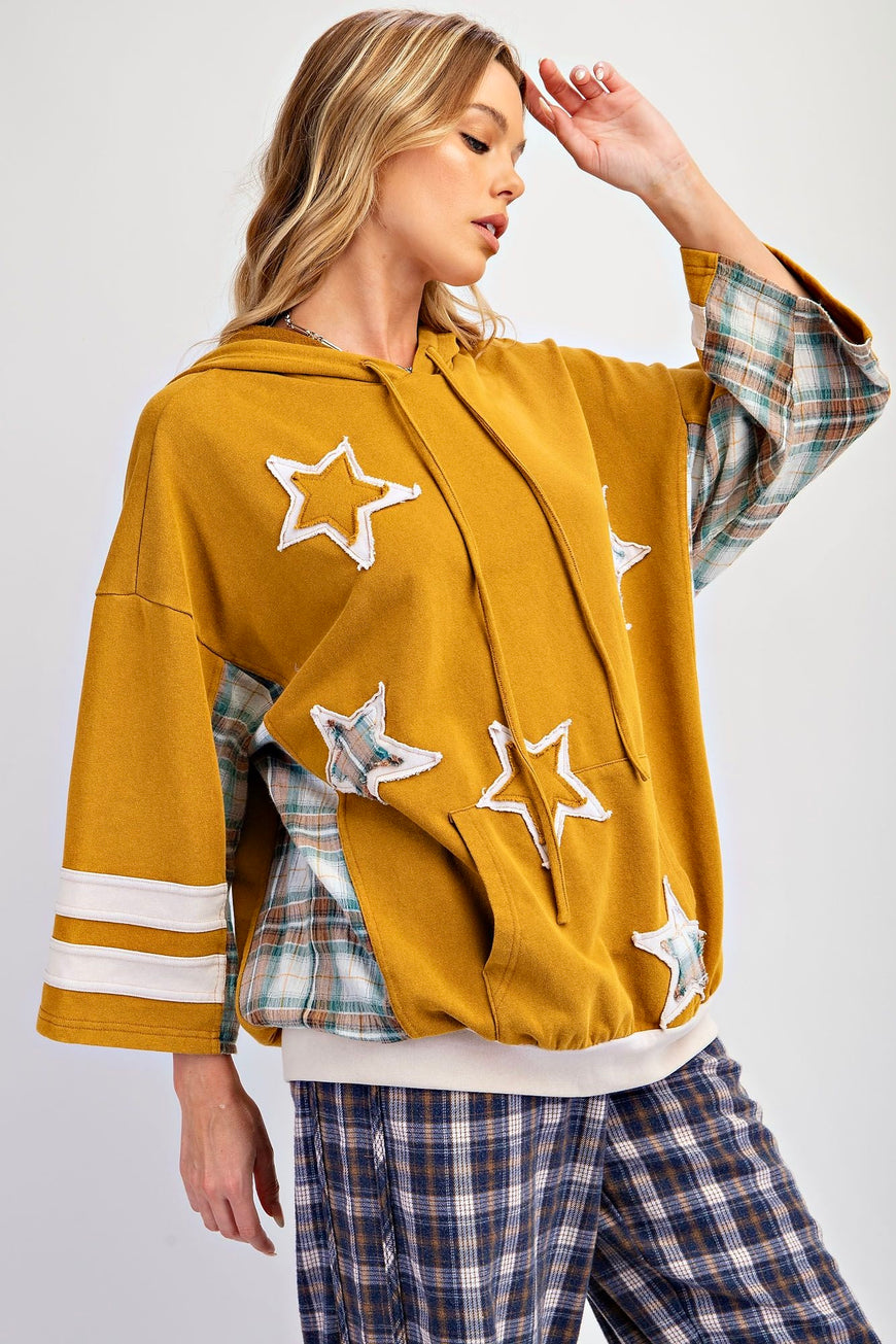 Reach For the Stars Mustard Patched Hoodie Pullover