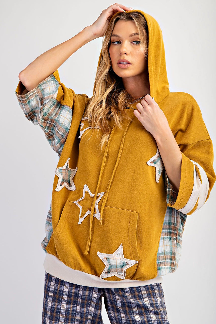 Reach For the Stars Mustard Patched Hoodie Pullover