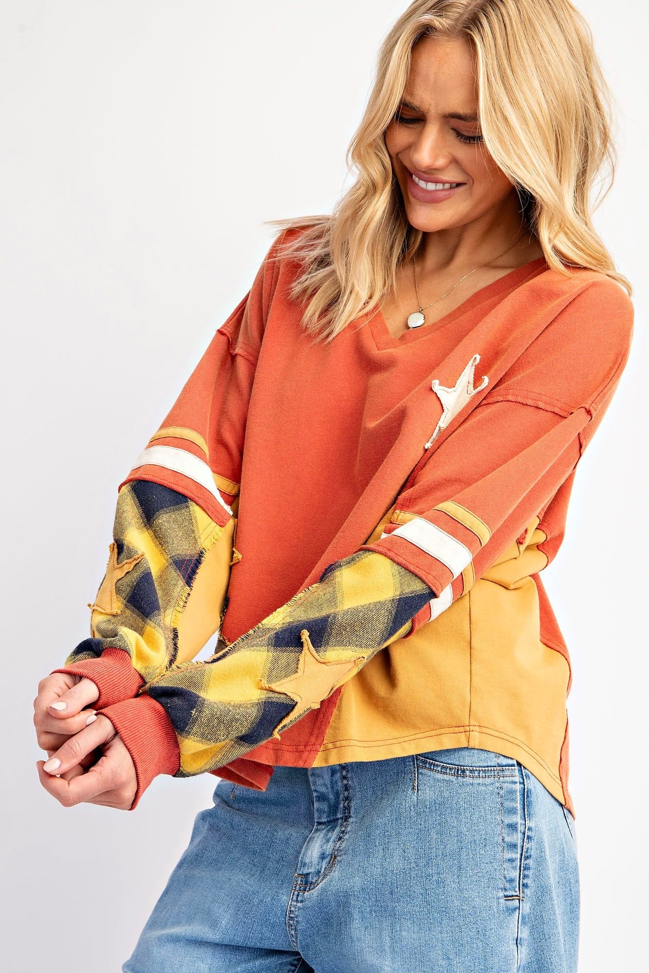 Plaid About You Mix Color Block Terry Knit Pullover