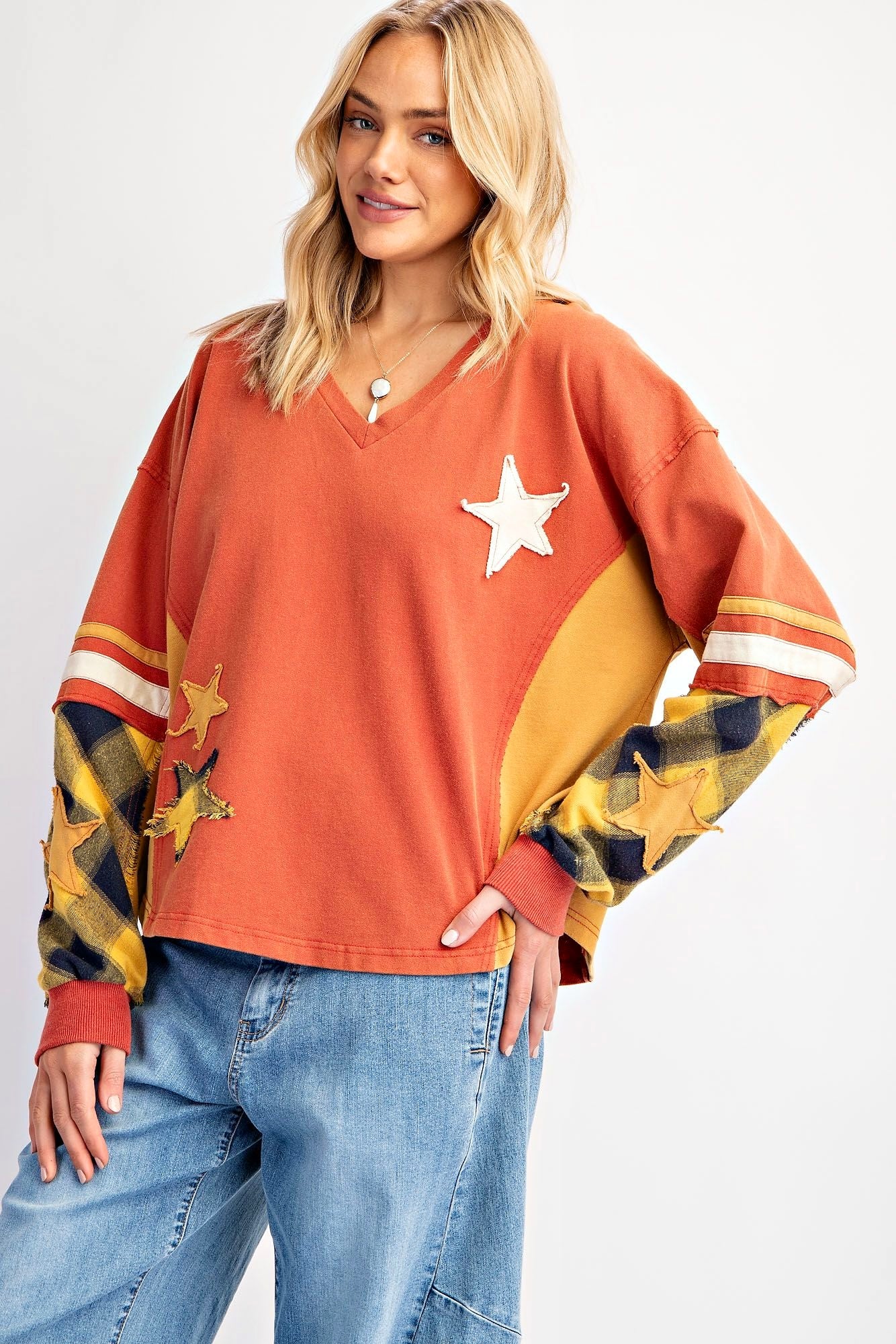 Plaid About You Mix Color Block Terry Knit Pullover