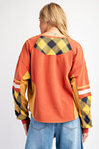 Plaid About You Mix Color Block Terry Knit Pullover