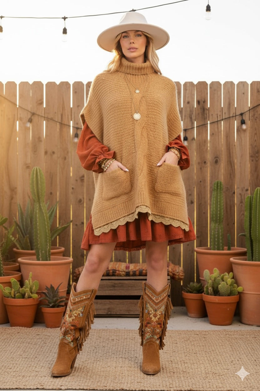 Stuck On You Turtle Neck Lace Bottom Knit Poncho