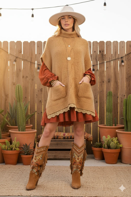 Stuck On You Turtle Neck Lace Bottom Knit Poncho