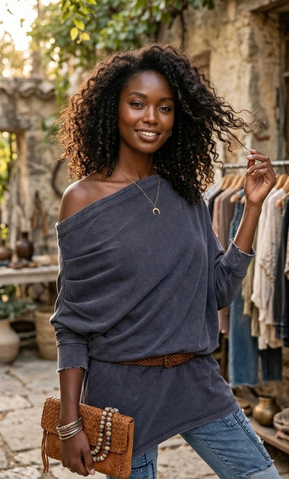 Asymmetric Oversized Off-Shoulder Tunic: Cutting Corners in Dark Navy