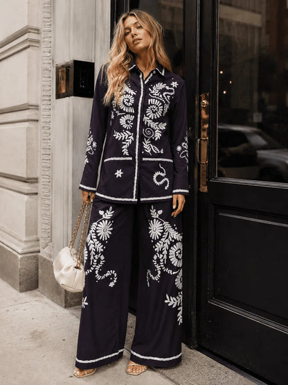 Wide Leg Print Elastic Waist Pant Set : Opposites Attract
