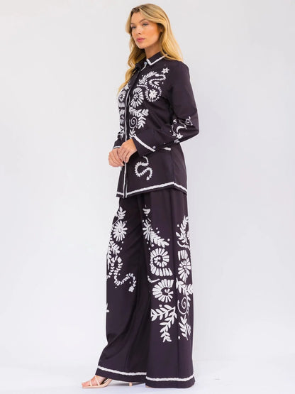 Wide Leg Print Elastic Waist Pant Set : Opposites Attract