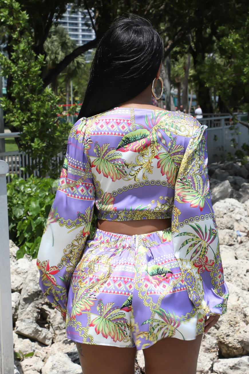 City Escapade 2-Piece Long Sleeves Crop Top High Waist Shorts Set