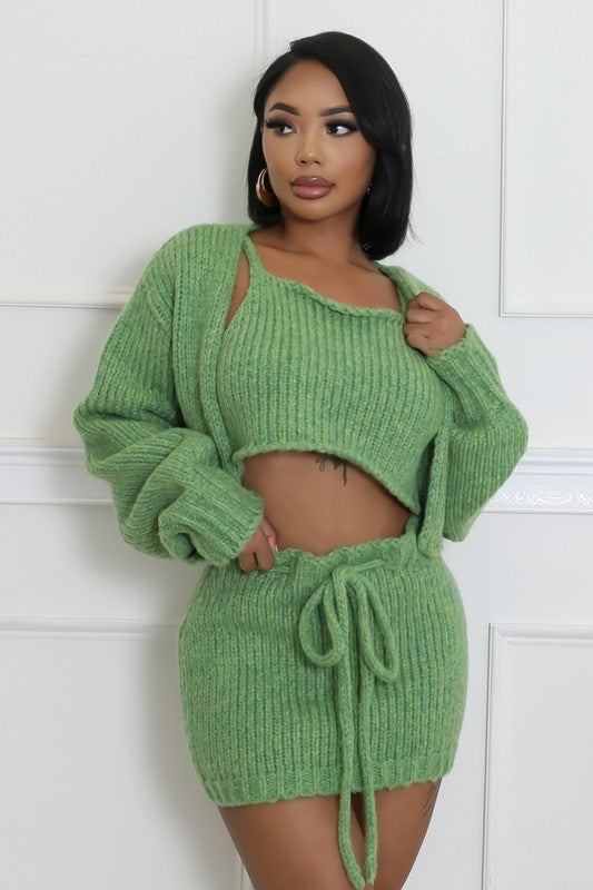 Knit Me Baby One More 3-Piece Knit Cardigan, Cropped Top & Skirt Set In Green