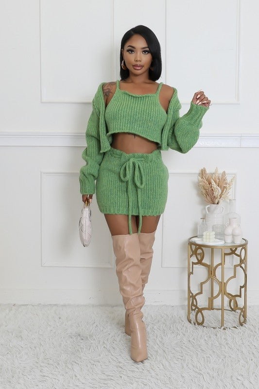 Knit Me Baby One More 3-Piece Knit Cardigan, Cropped Top & Skirt Set In Green