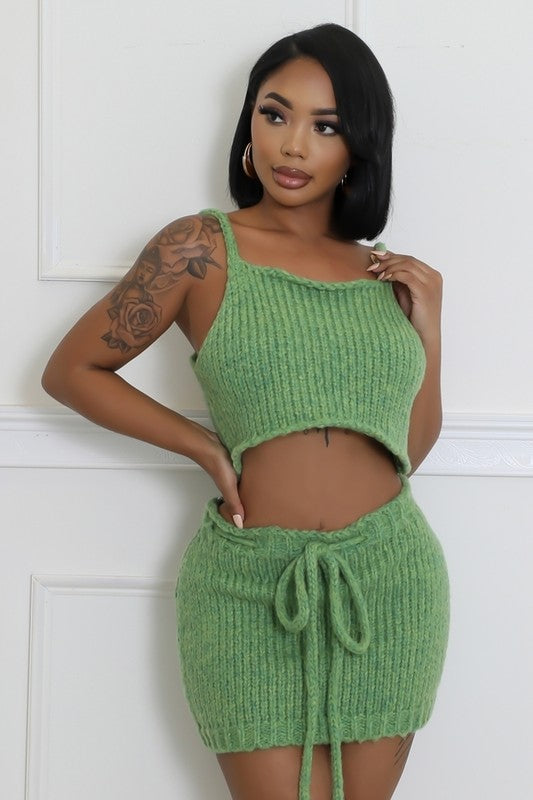 Knit Me Baby One More 3-Piece Knit Cardigan, Cropped Top & Skirt Set In Green