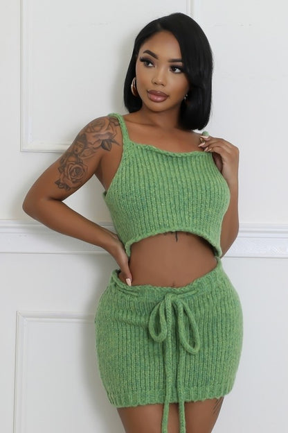 Knit Me Baby One More 3-Piece Knit Cardigan, Cropped Top & Skirt Set In Green