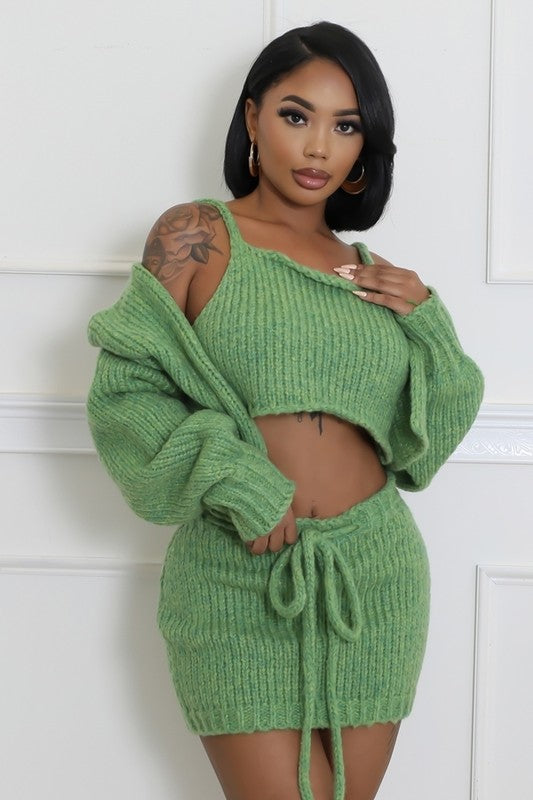Knit Me Baby One More 3-Piece Knit Cardigan, Cropped Top & Skirt Set In Green
