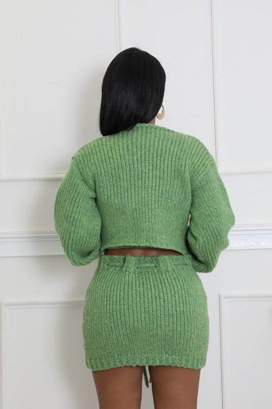 Knit Me Baby One More 3-Piece Knit Cardigan, Cropped Top & Skirt Set In Green