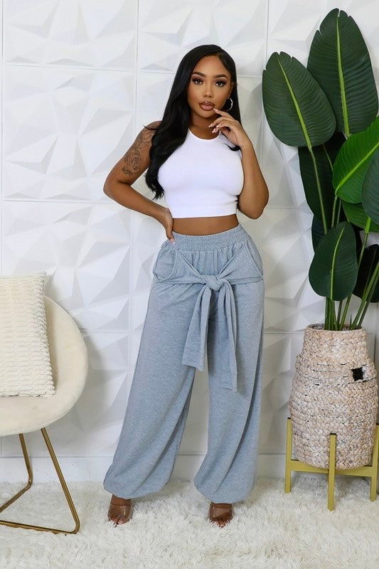 High-Waisted Pants: Twist of Fate Heather Gray Tie Front Stretch Pants